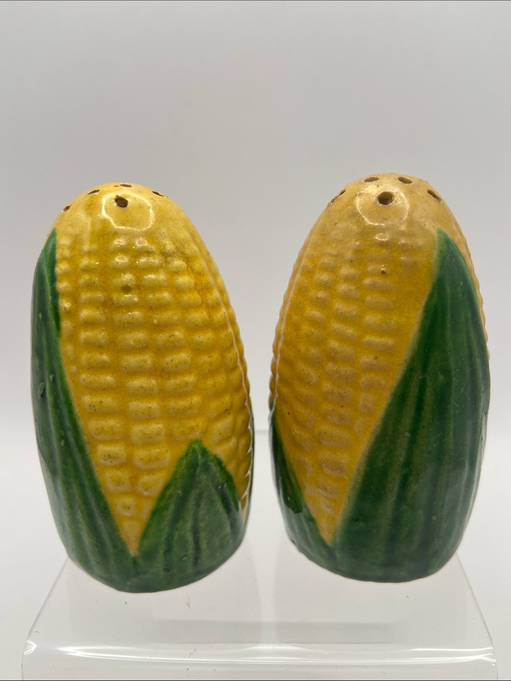 Vintage Ceramic Corn on the Cob Salt & Pepper Shakers Yellow & Green Set of 2